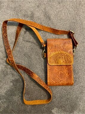 Embossed Hand-Tooled Look Brown Leather Crossbody Bag